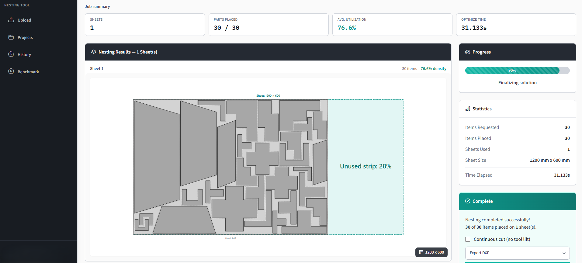 Lapas nesting view: canvas with parts being placed, utilization stats, and the control panel