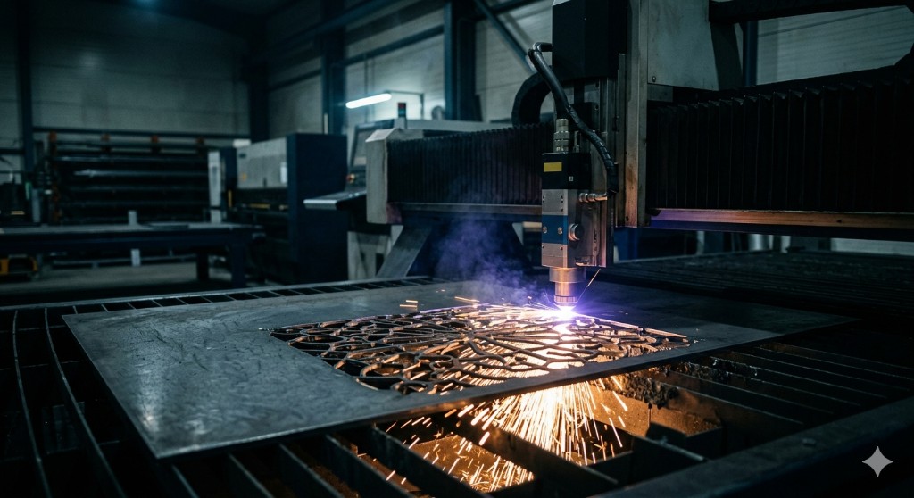 Plasma CNC machine cutting intricate shapes from steel sheet with sparks flying in an industrial workshop