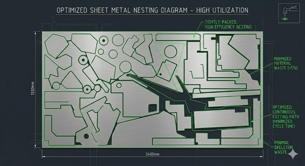 Optimized sheet metal nesting with tightly packed parts, minimal waste, and high utilization