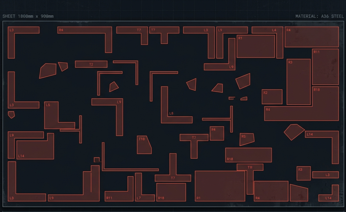 Inefficient sheet layout with random part placement, large gaps, and high material waste