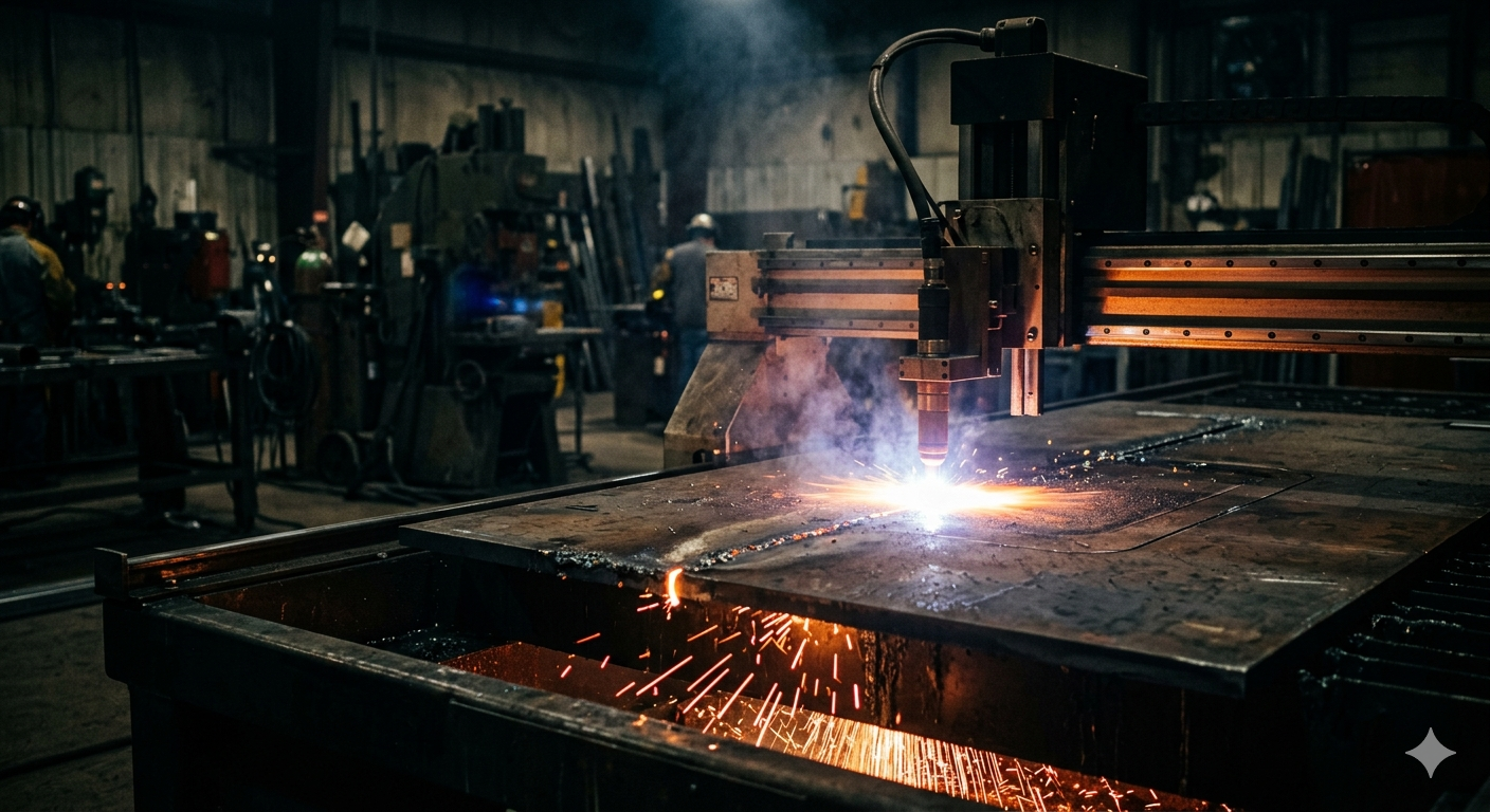 CNC plasma cutting machine cutting thick steel plate with sparks flying in an industrial workshop