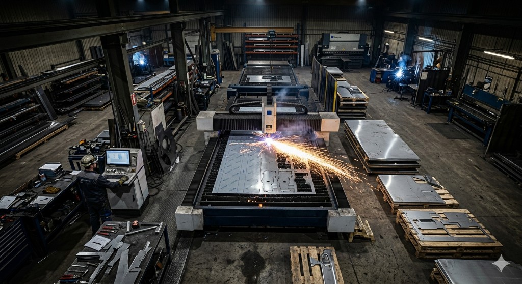 Overhead view of a CNC plasma cutting machine in a sheet metal fabrication workshop with sparks flying
