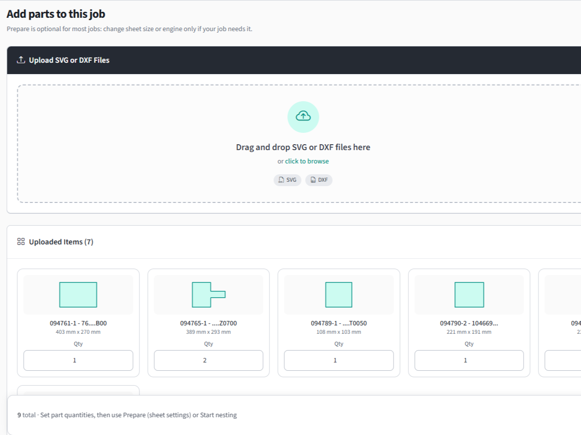 Upload page with DXF file list, part thumbnails, and quantity inputs.