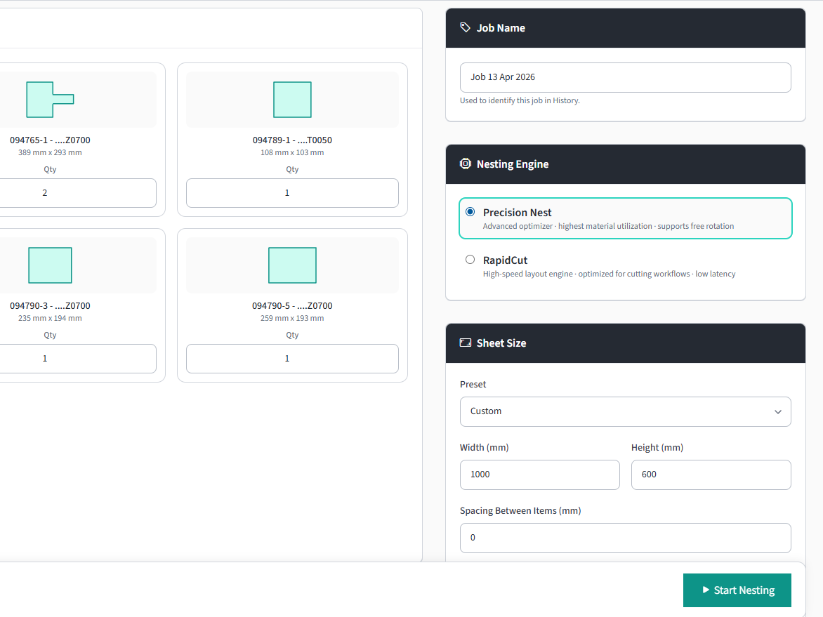 Settings panel with sheet size, engine toggle, and parameter sliders.