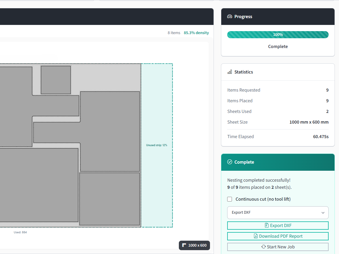 Results view with nesting output, utilization stats, and export buttons.