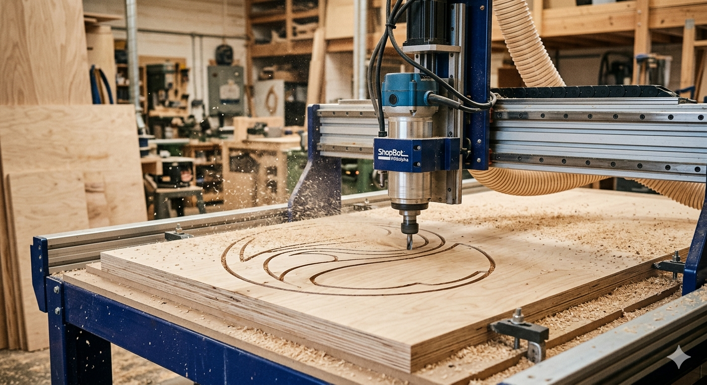 ShopBot CNC router cutting intricate patterns into plywood panel in a woodworking workshop